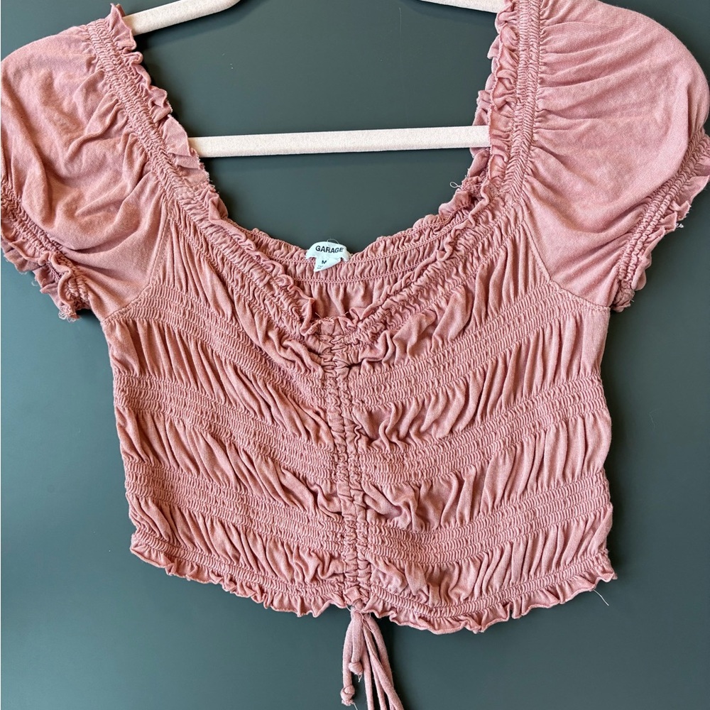 Garage Pastel Pink Puff Sleeve Stretchy Ruched Blouse Size M Cute & Sexy